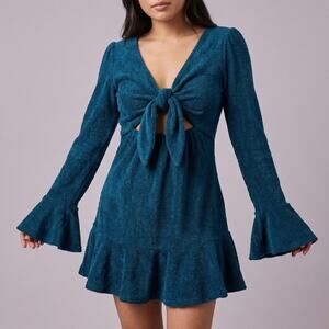 Here Comes The Sun Women's Teal Terry Cloth Tie Front Mini Dress Boho Ruffle S